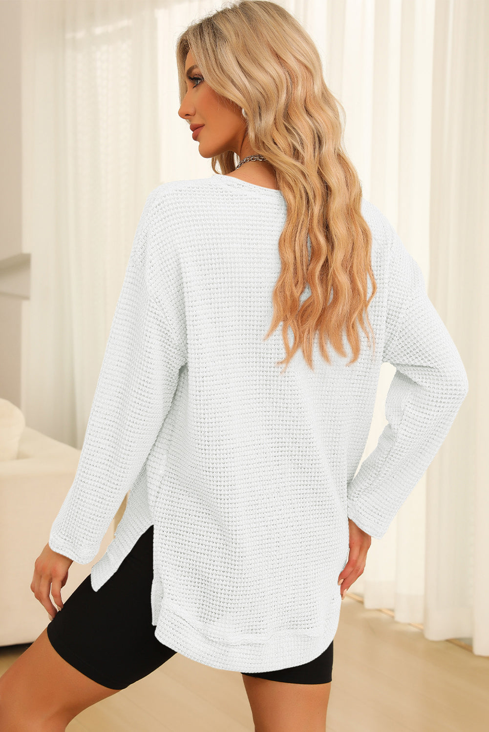 Waffle-Knit Round Neck Long Sleeve Sweatshirt - Trendsi | Lola Mariee