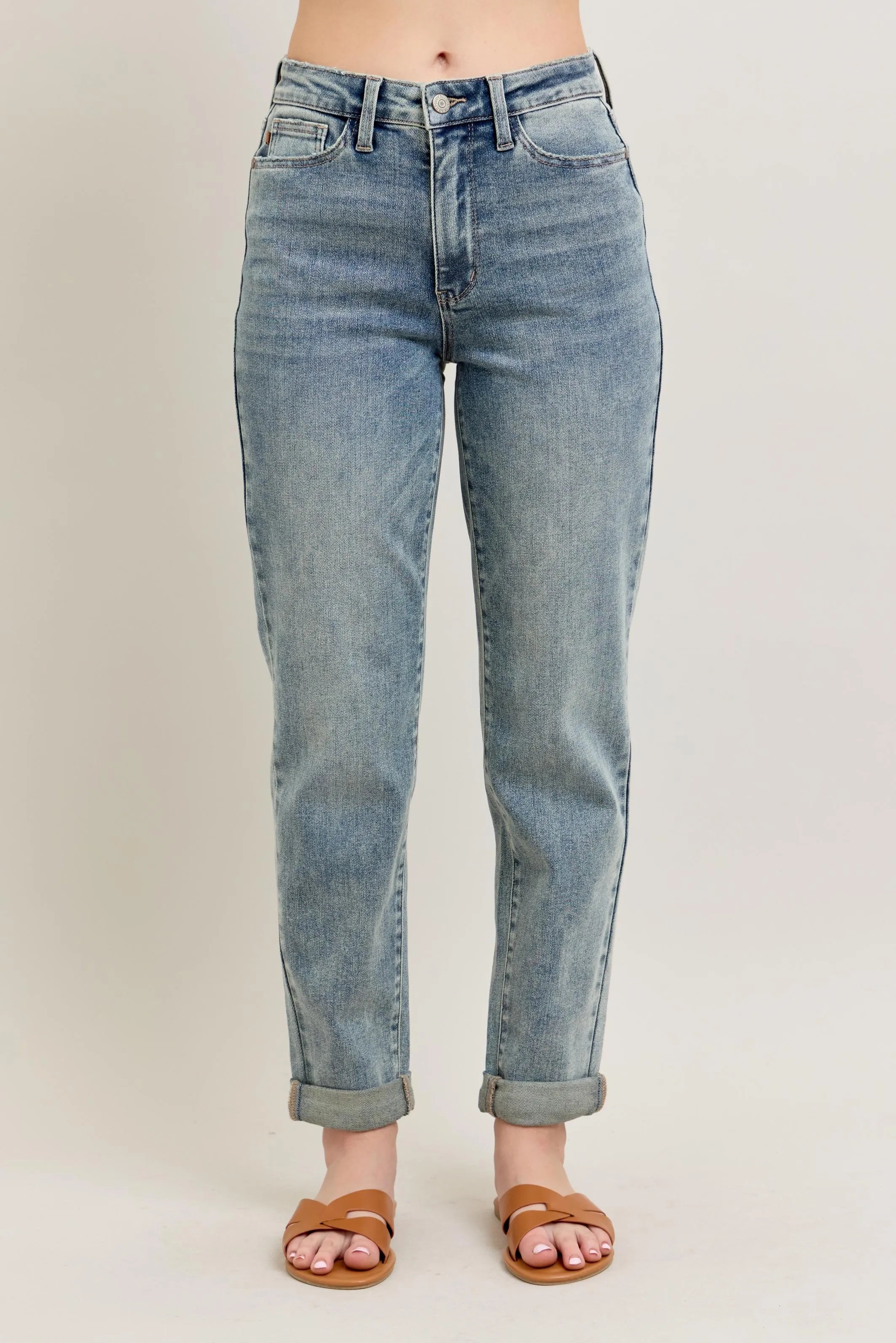 Judy Blue Full Size Hw Vintage Wash Double Roll Cuff Bf Jeans Plus Size - women's bottoms at Lola Mariee boutique