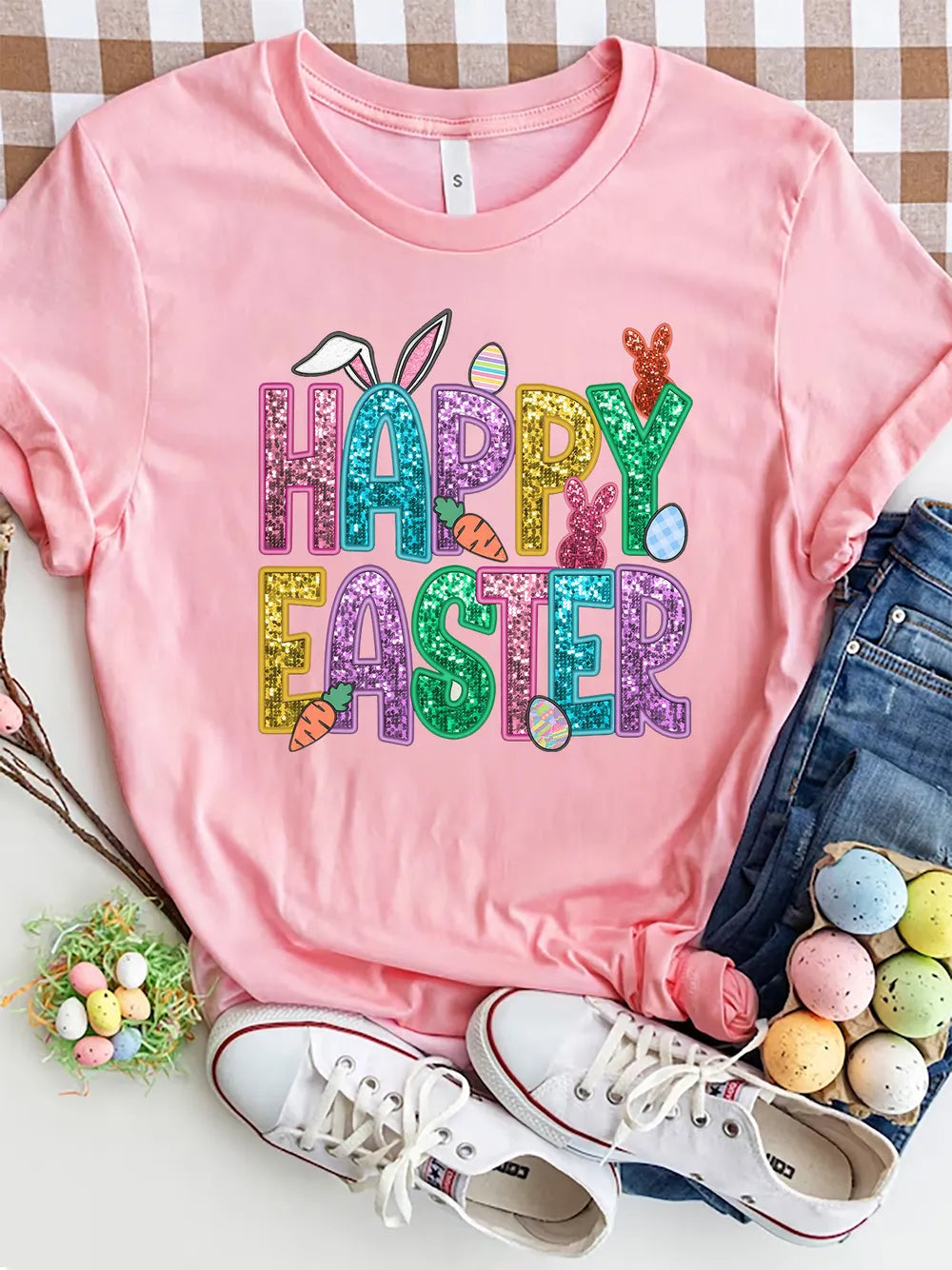 HAPPY EASTER Round Neck Short Sleeve T-Shirt – view 7 | Lola Mariee