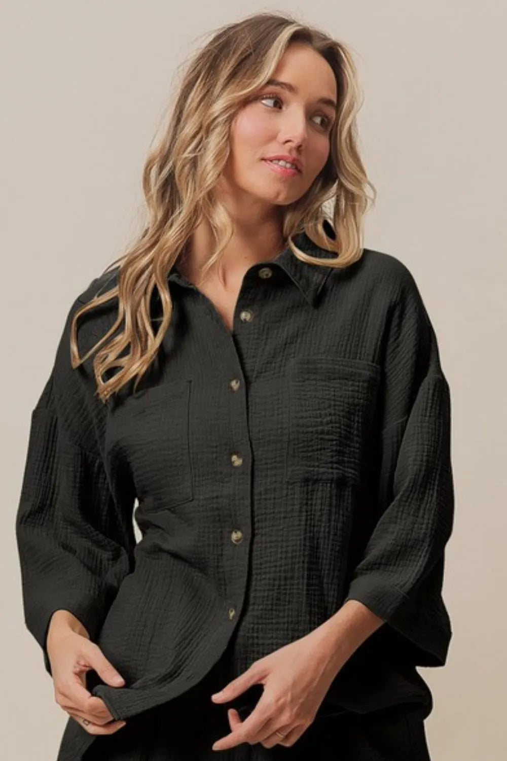 BiBi Crinkle Gauze Shirt and Short Set - Trendsi | Lola Mariee