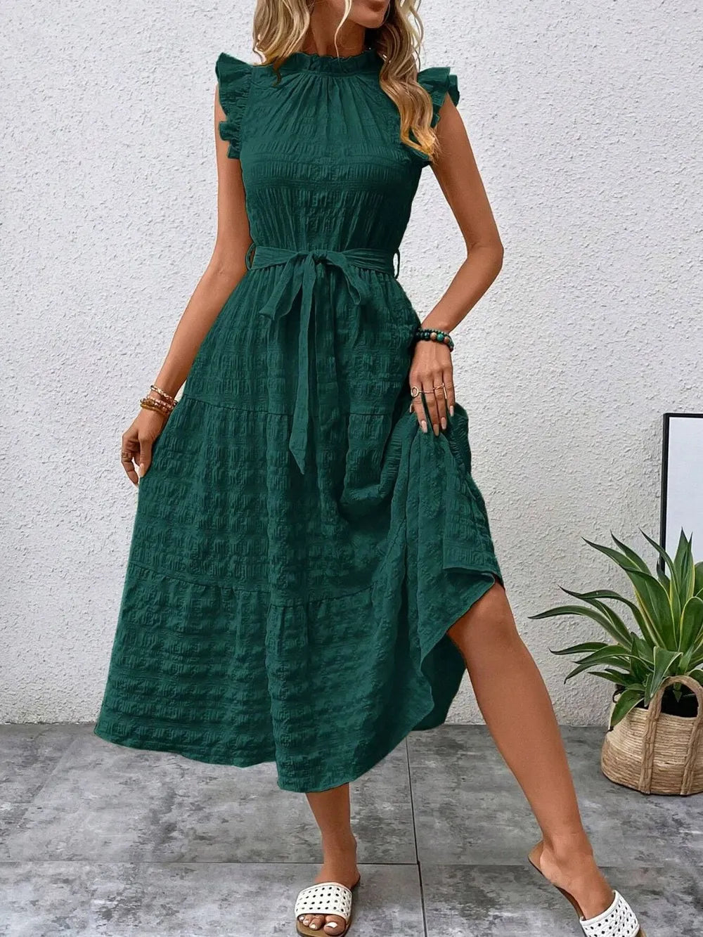 Tied Ruffled Cap Sleeve Midi Dress – view 9 | Lola Mariee