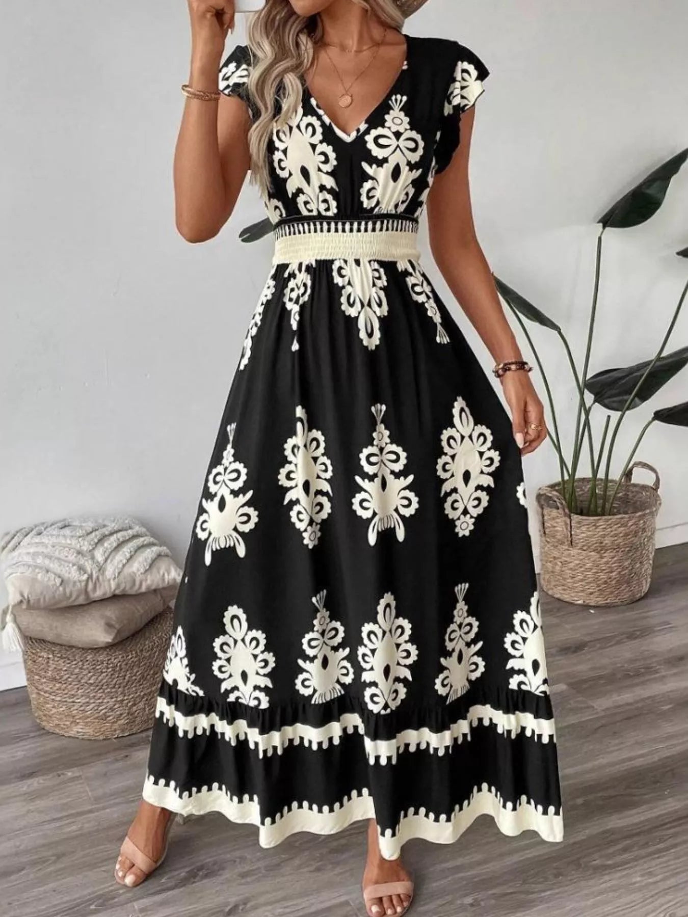 Printed V-Neck Ruffled Cap Sleeve Dress – view 7 | Lola Mariee
