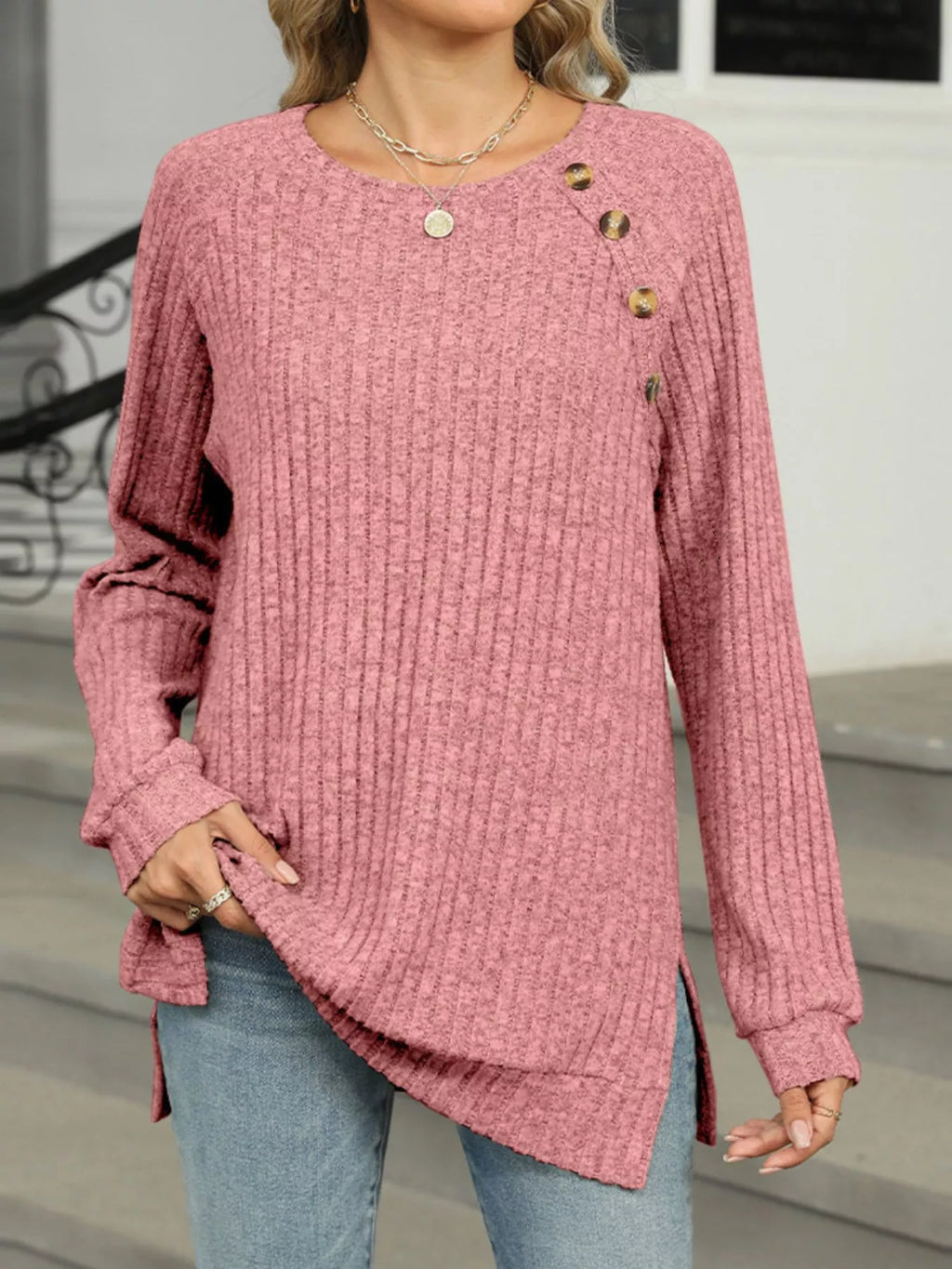Round Neck Side Slit Ribbed Knit Top with Asymmetric Button Detail - Trendsi | Lola Mariee