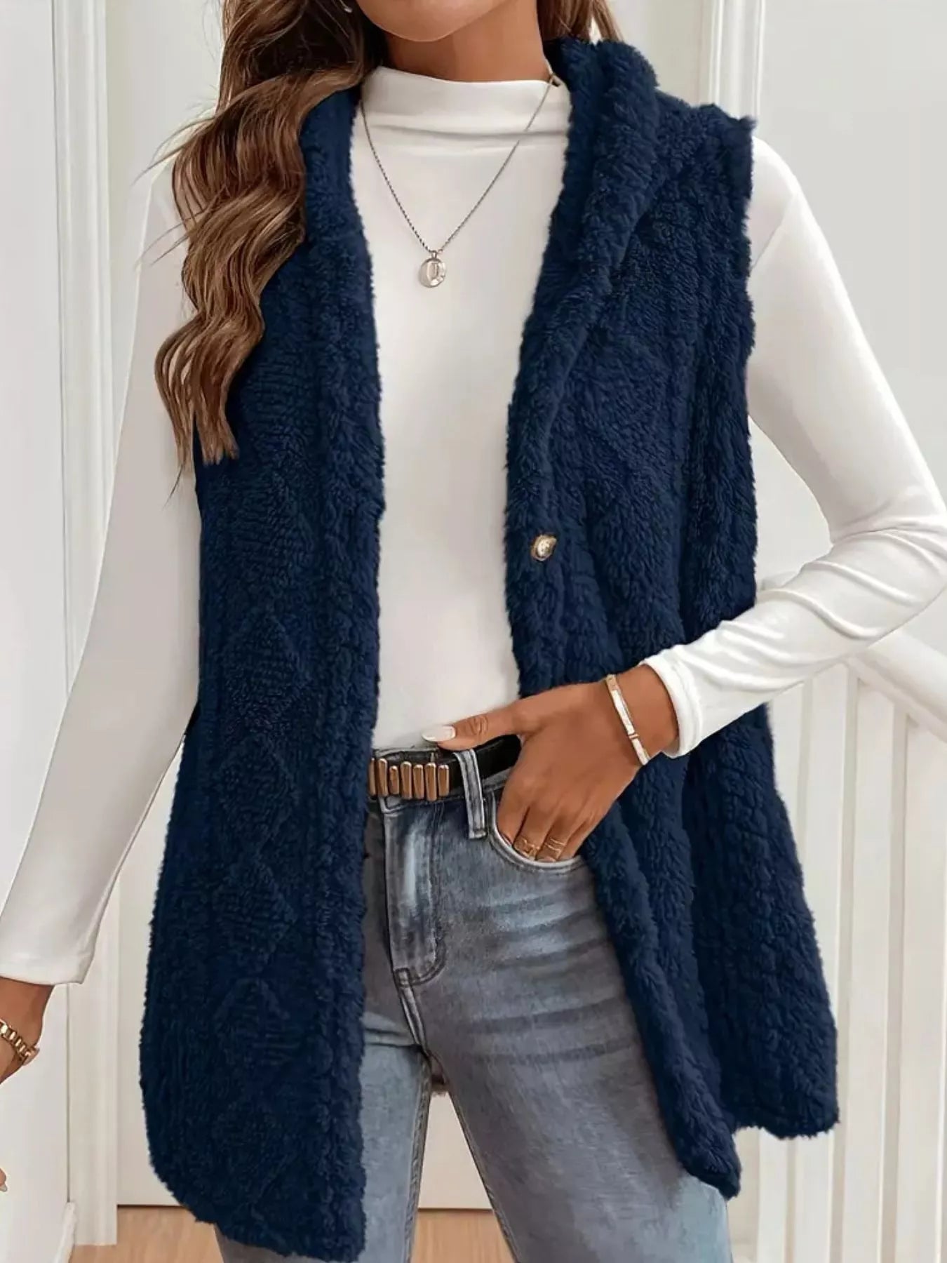 Button-Down Sherpa Hooded Vest Coat – view 5 | Lola Mariee