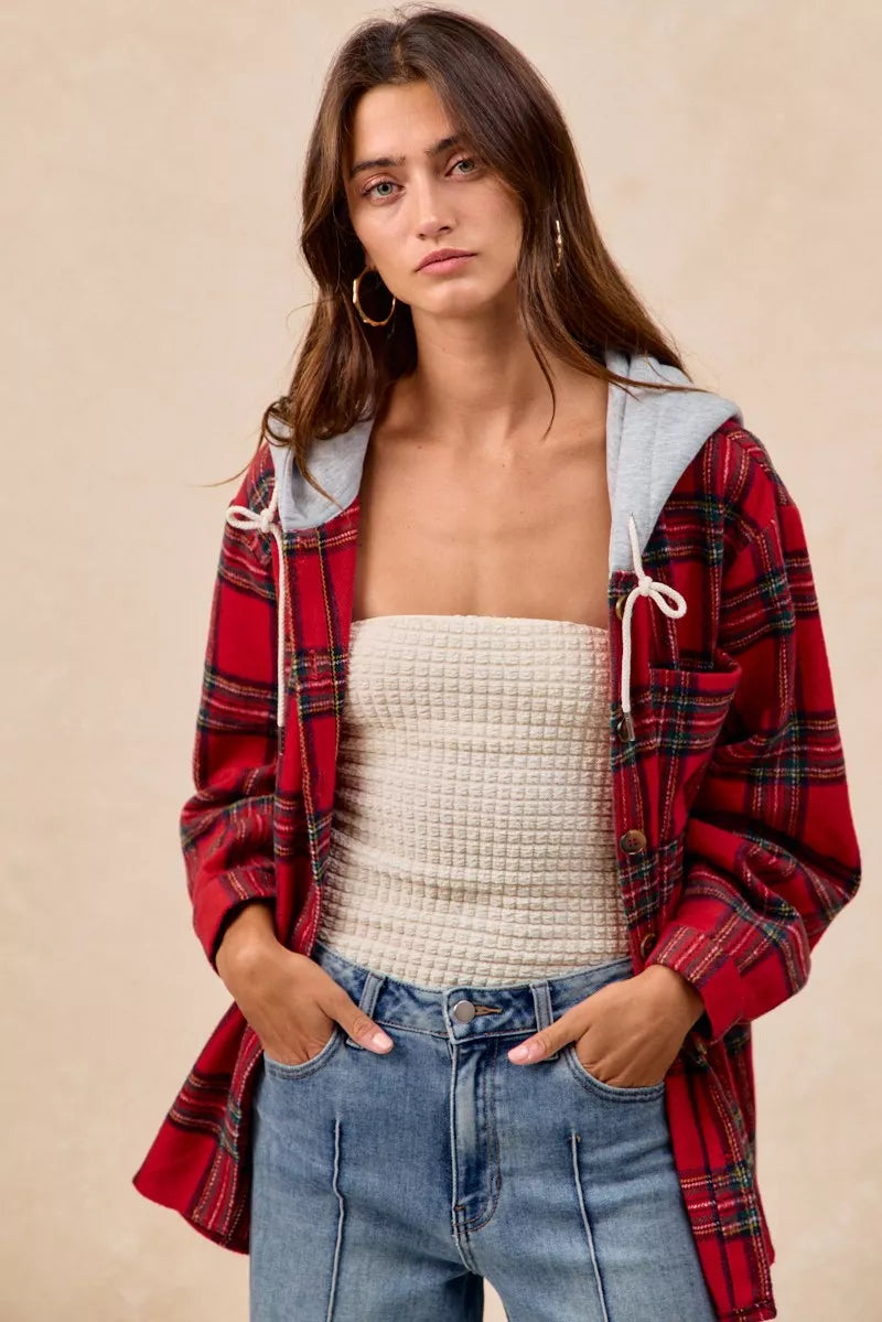 BiBi Brushed Plaid Hooded Jacket - Trendsi | Lola Mariee