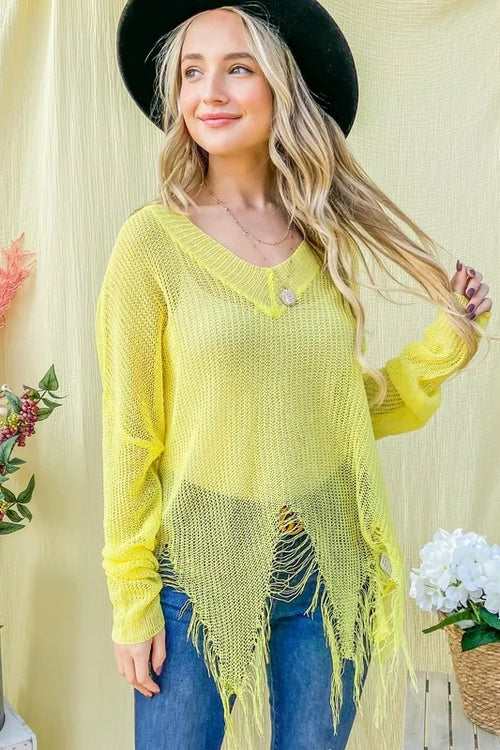 And The Why Distressed Mesh V Neck Spring Sweater Cover Up – view 2 | Lola Mariee
