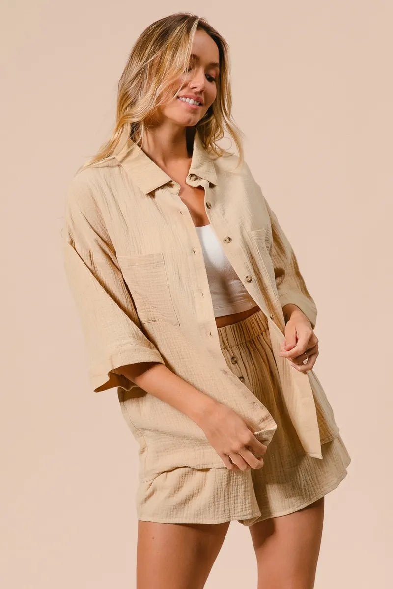 BiBi Crinkle Gauze Shirt and Short Set - Trendsi | Lola Mariee
