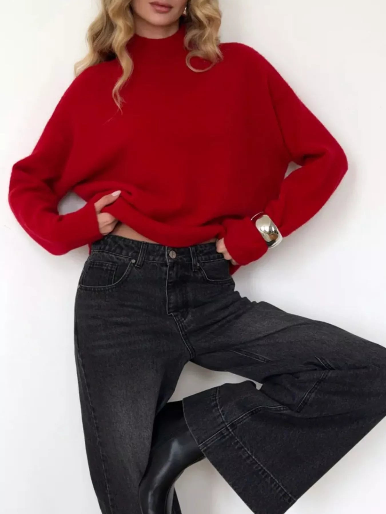 Mock Neck Dropped Shoulder Sweater – view 8 | Lola Mariee