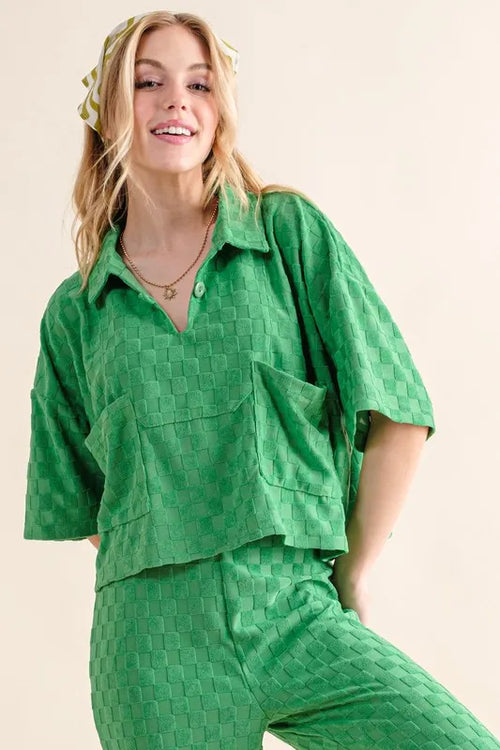 And The Why Brushed Texture Checker Board Pattern Casual Top – view 2 | Lola Mariee