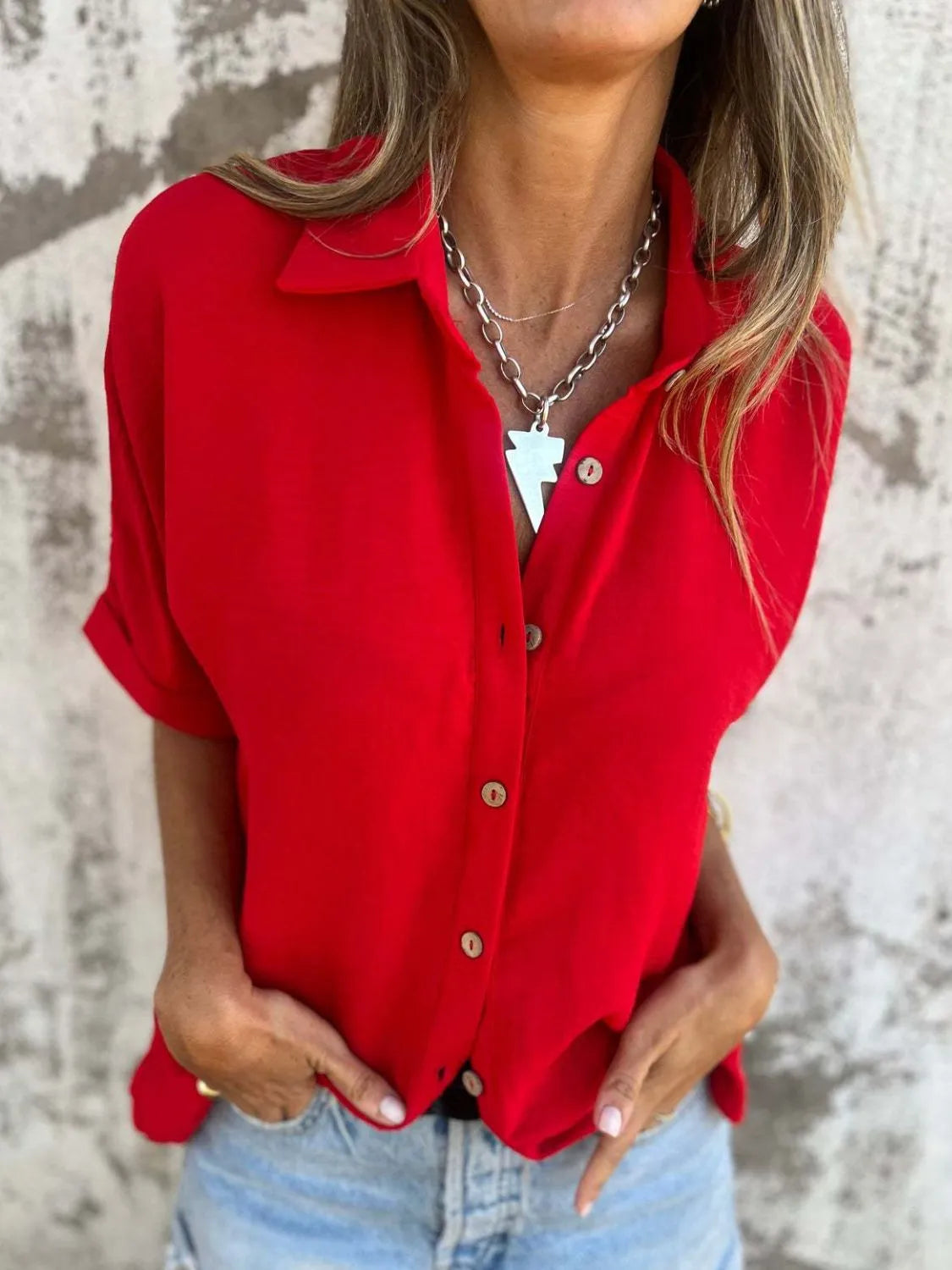Full Size Collared Neck Half Sleeve Shirt Plus Size – view 7 | Lola Mariee