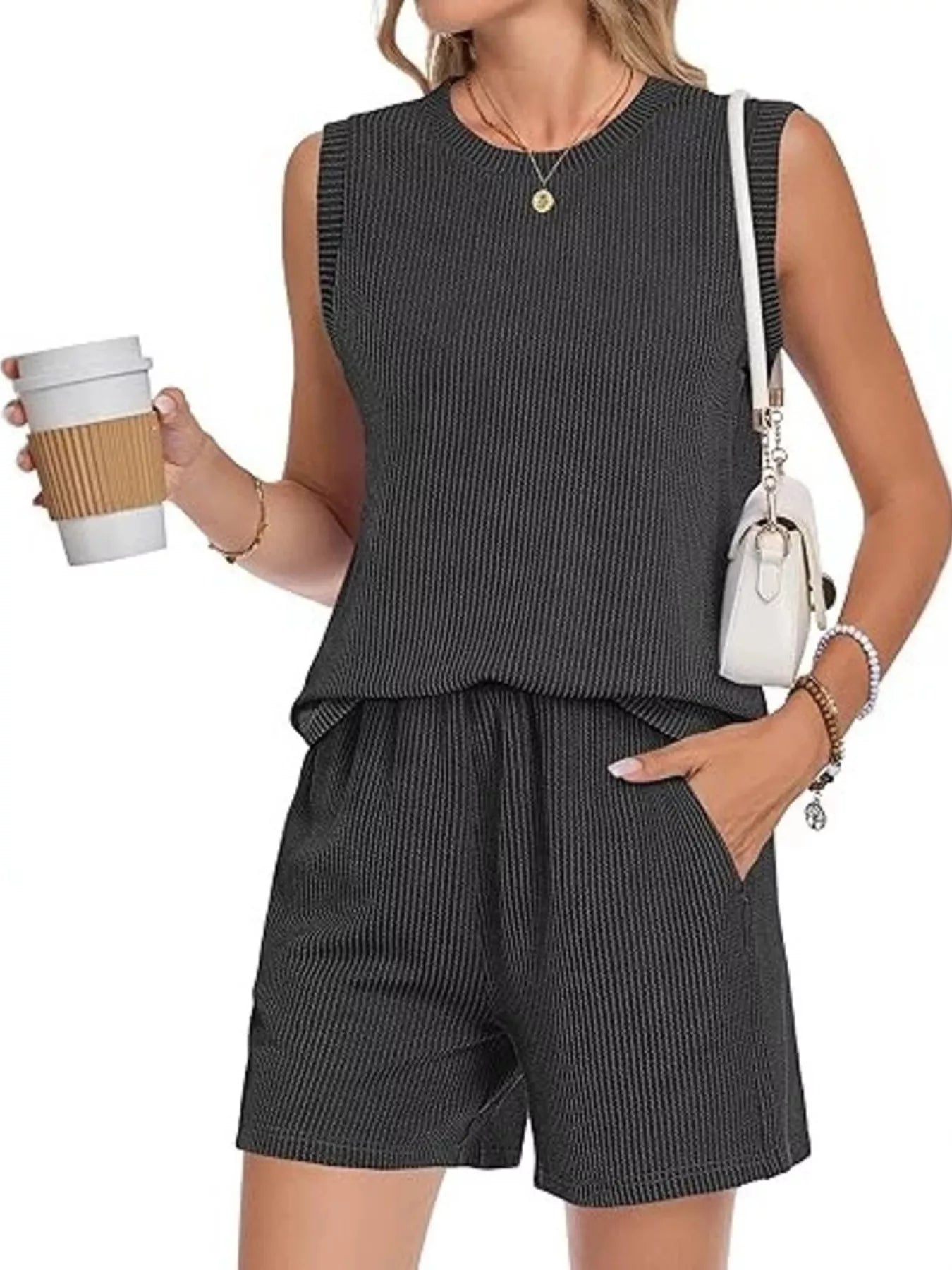 Casual Ribbed Knit Sleeveless Top and Shorts Set - Trendsi | Lola Mariee