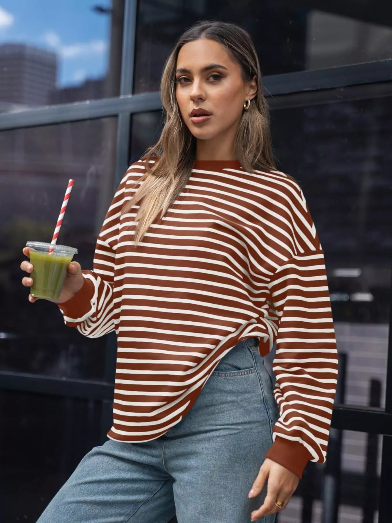 Striped Round Neck Oversized Casual Sweatshirt - Trendsi | Lola Mariee