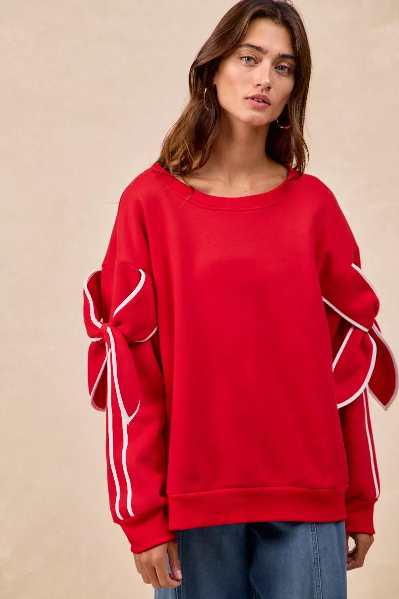 BiBi Bow Detail Sleeves Fleece Sweatshirt - Trendsi | Lola Mariee