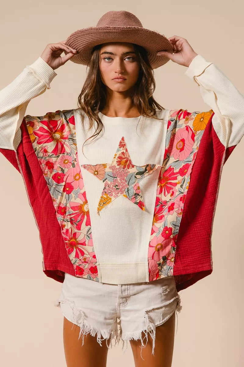 BiBi Floral Print Mixed Star Patch Round Neck Sweatshirt - Trendsi | Lola Mariee
