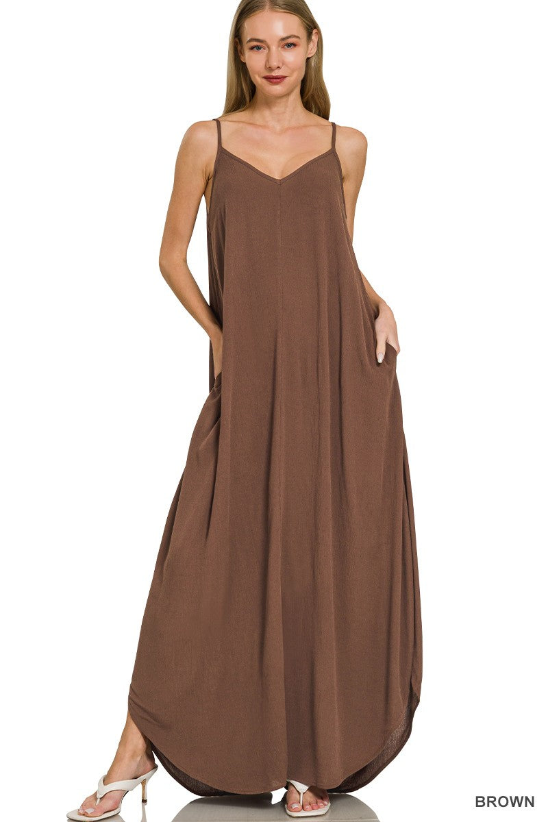 Zenana Woven Crinkle Cami Maxi Dress with Side Pockets | Lola Mariee