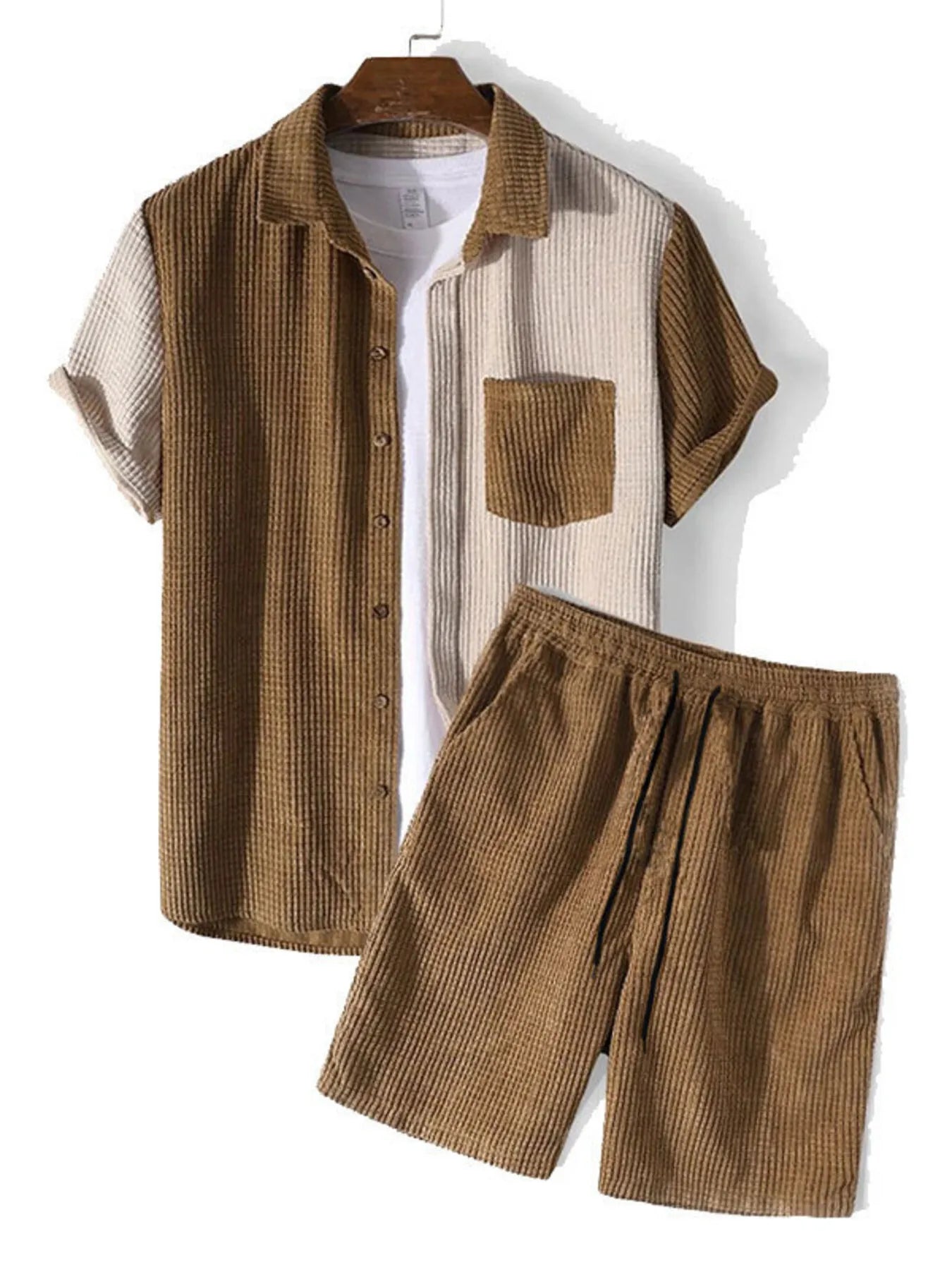 Men's Full Size Contrast Shots Sleeve Shirt and Shorts Set Plus Size - women's top at Lola Mariee boutique