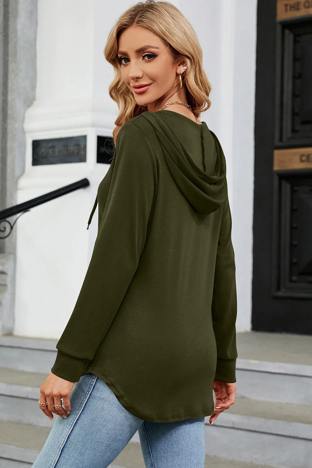 Decorative Button Drawstring Long Sleeve Hoodie - Trendsi | Lola Mariee