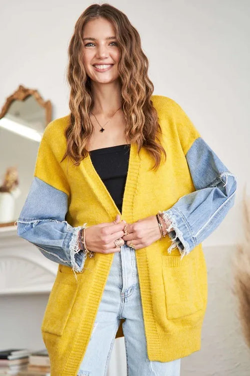 ADORA Full Size Frayed Denim Sleeve Sweater Cardigan Plus Size | Lola Mariee