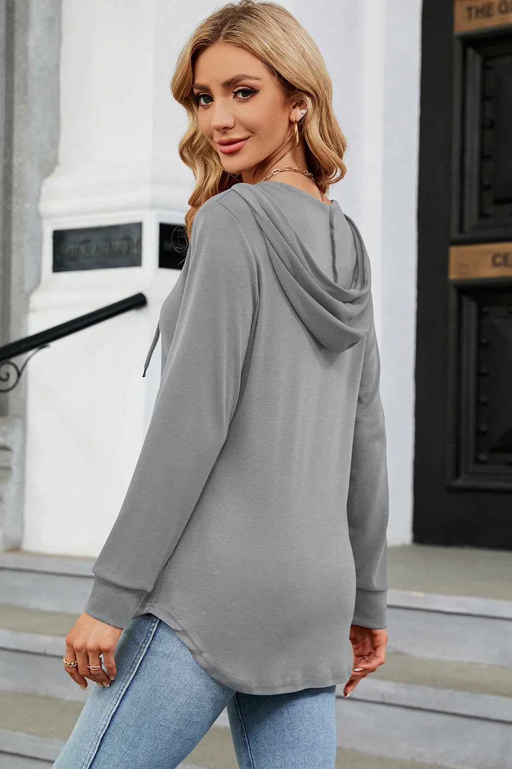 Decorative Button Drawstring Long Sleeve Hoodie - Trendsi | Lola Mariee
