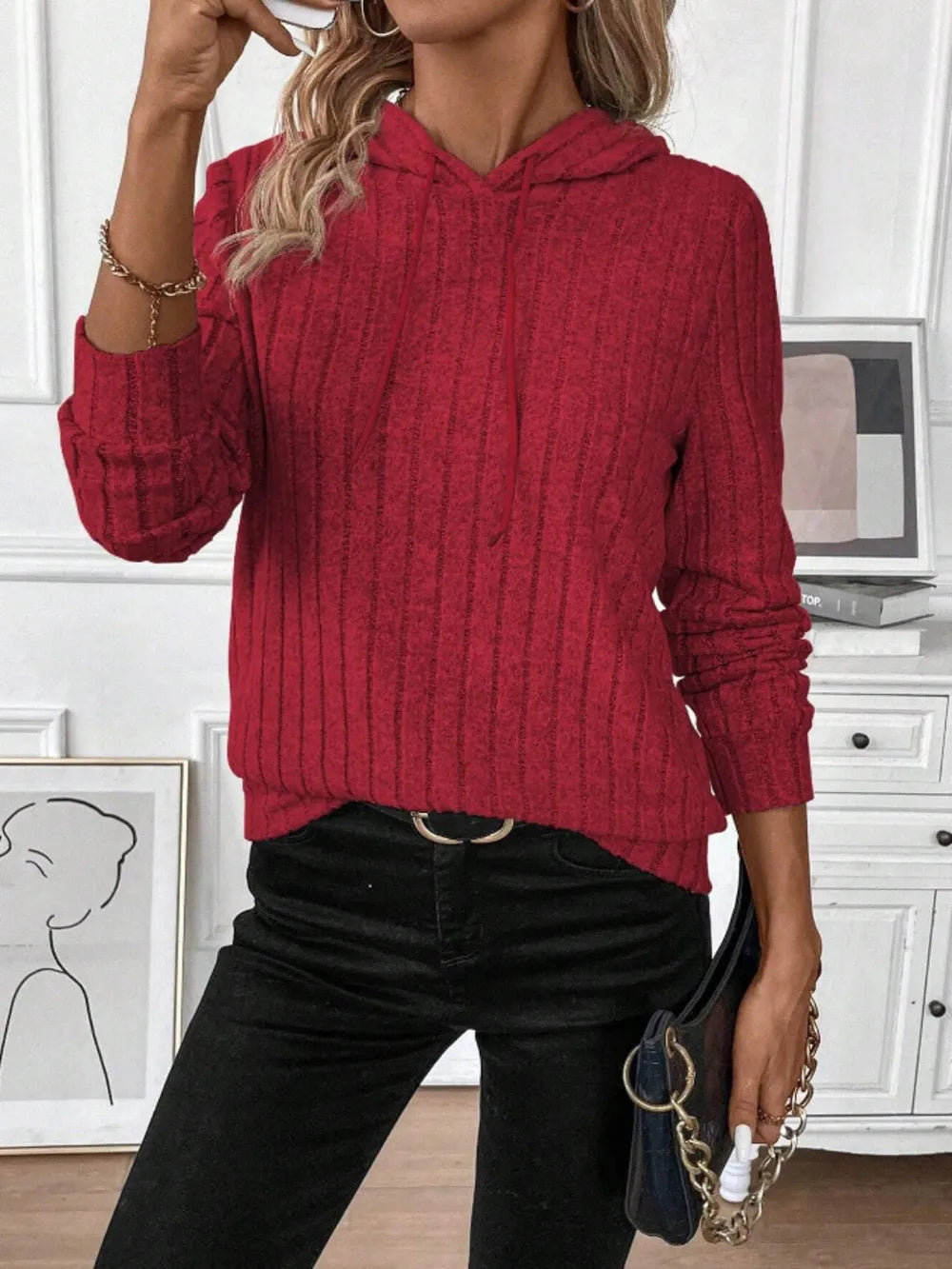 Drawstring Ribbed Long Sleeve Hoodie - Trendsi | Lola Mariee