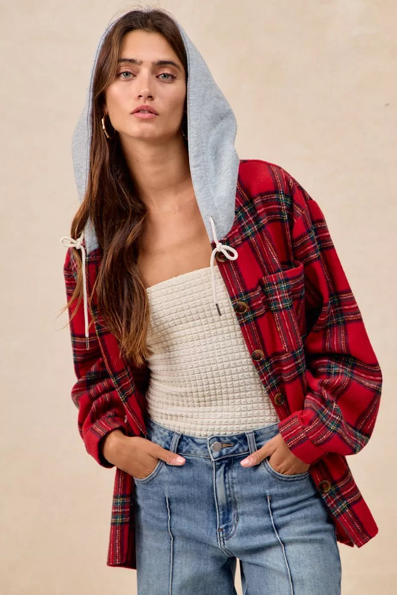 BiBi Brushed Plaid Hooded Jacket - Trendsi | Lola Mariee