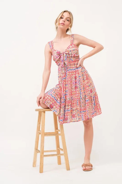 And The Why Tied Front Smocked Back Tiered Boho Printed Dress – view 2 | Lola Mariee