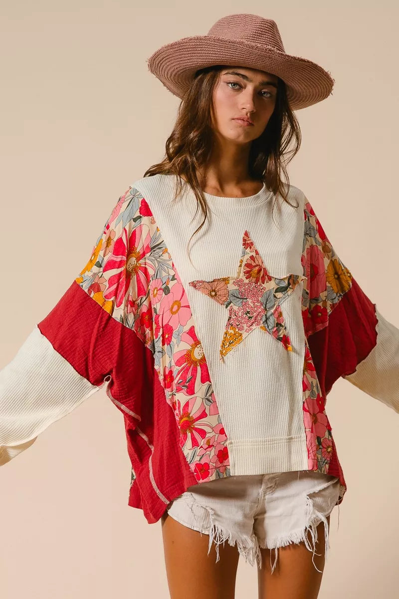 BiBi Floral Print Mixed Star Patch Round Neck Sweatshirt - Trendsi | Lola Mariee