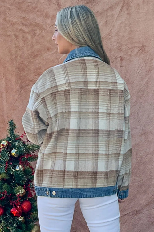 And The Why Full Size Washed Denim Detail Brushed Plaid Jacket – view 2 | Lola Mariee