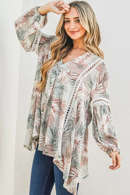 And The Why Printed with Lace Trim Casual Tunic Top – view 2 | Lola Mariee