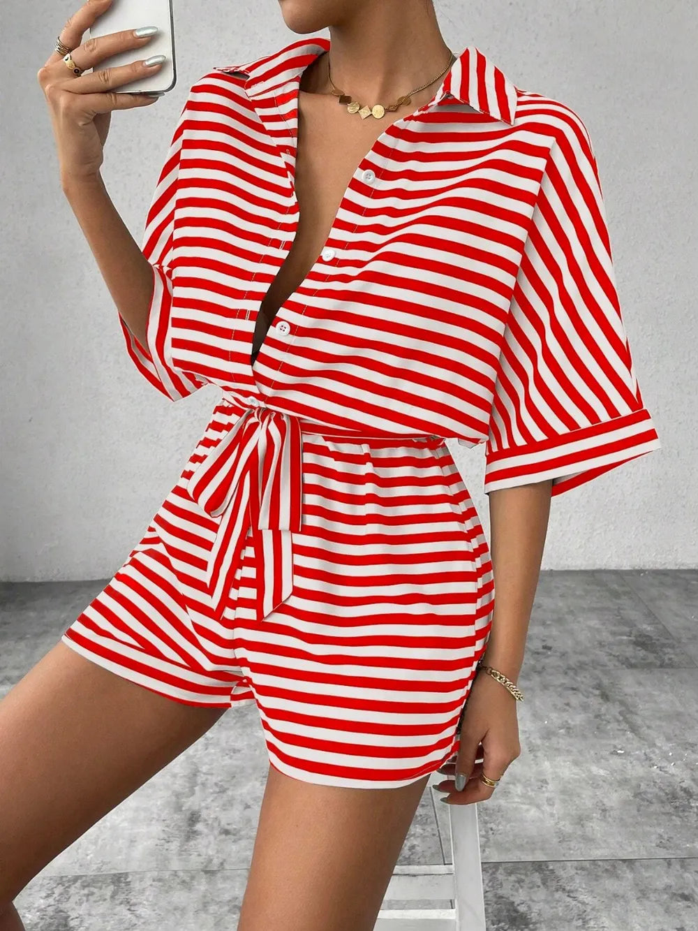 Tie Waist Half Button Striped Romper – view 6 | Lola Mariee