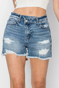 RISEN Stepped Waist Frayed Denim Shorts - women's bottoms at Lola Mariee boutique