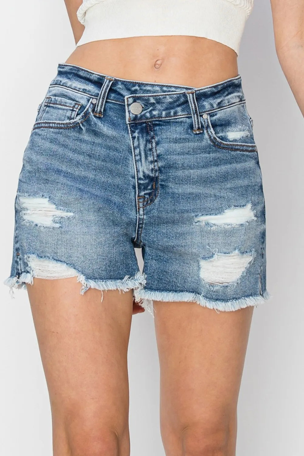 RISEN Stepped Waist Frayed Denim Shorts - women's bottoms at Lola Mariee boutique