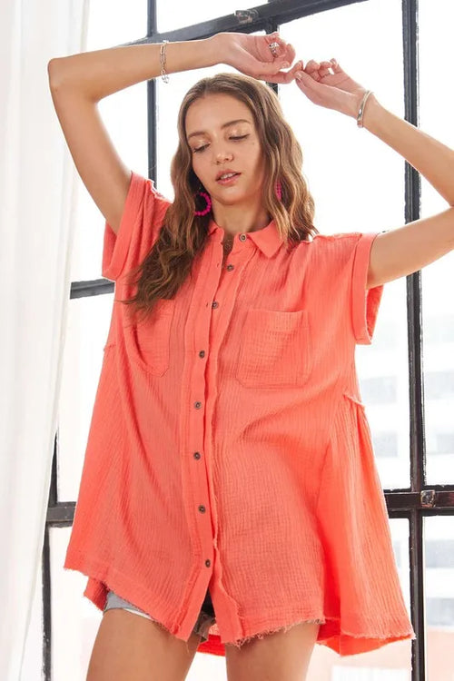 ADORA Raw Hem Collared Neck Button Down Shirt – view 2 | Lola Mariee