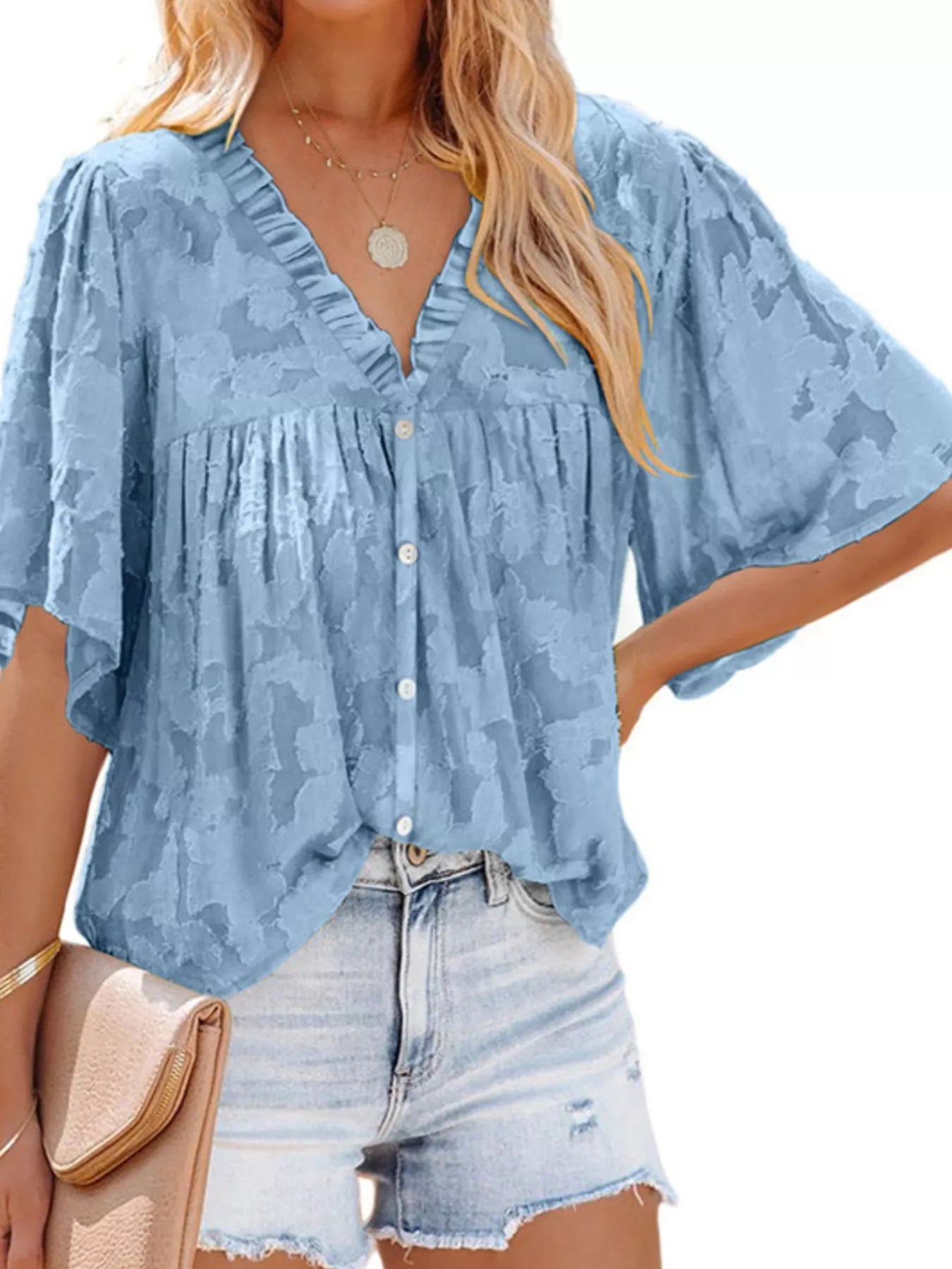 Full Size Textured V-Neck Button-Down Shirt Plus Size - Trendsi | Lola Mariee
