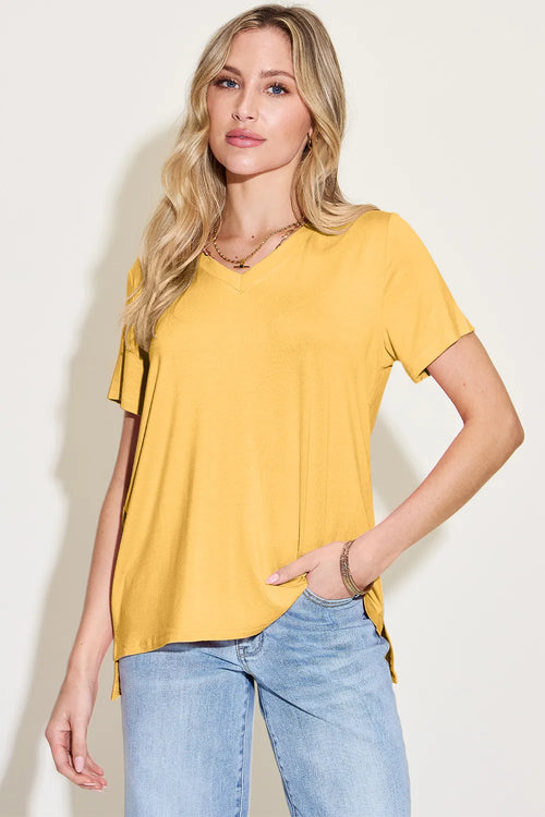 Basic Bae Bamboo Full Size V-Neck High-Low T-Shirt | Lola Mariee