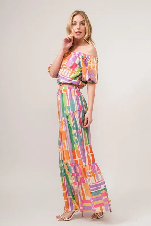 And The Why Asymmetric Geo Printed Tiered Maxi Skirt – view 2 | Lola Mariee