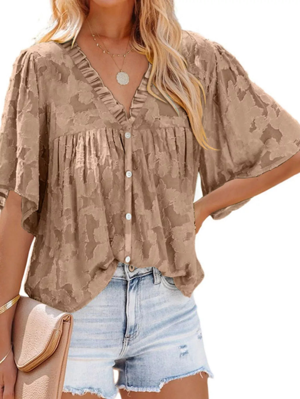 Full Size Textured V-Neck Button-Down Shirt Plus Size - Trendsi | Lola Mariee