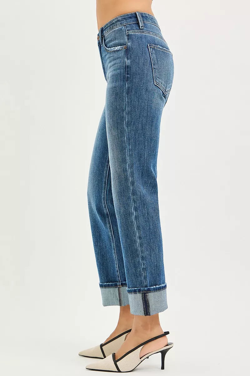 RISEN Full Size 4 Way Stretch Slouchy Straight Jeans with Cuffed Hem Plus Size - LOLA MARIEE | Lola Mariee
