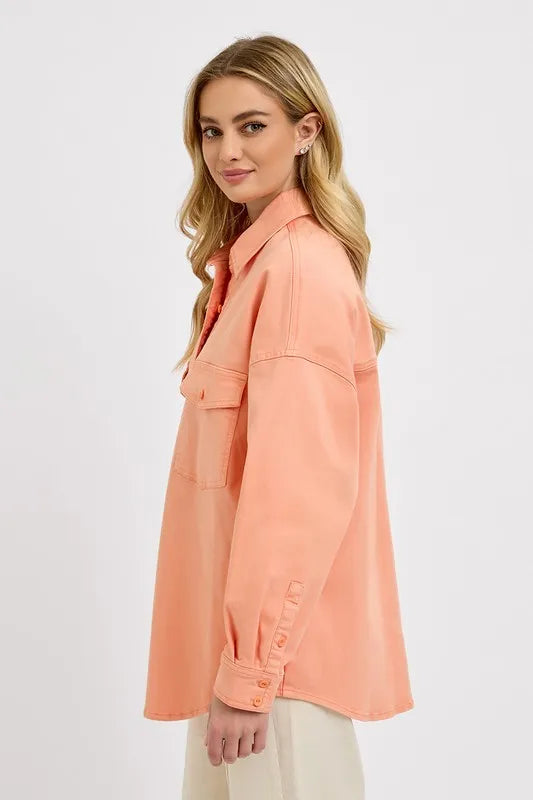 RISEN Full Size Button Down Long Sleeve Denim Shacket with Chest Pockets Plus Size - LOLA MARIEE | Lola Mariee