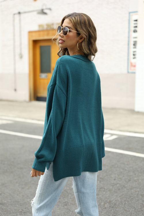 Angel Wings Round Neck Dropped Shoulder Slit Sweater – view 2 | Lola Mariee