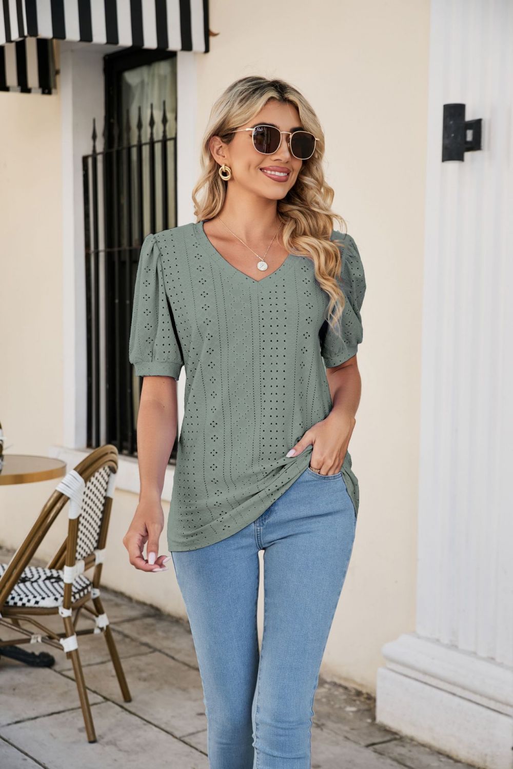 Eyelet Puff Sleeve V-Neck Top - Trendsi | Lola Mariee