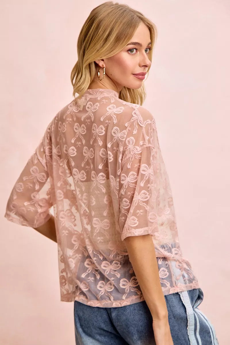 BiBi Bow Pattern Short Sleeves Boxy Mesh Top - Trendsi | Lola Mariee