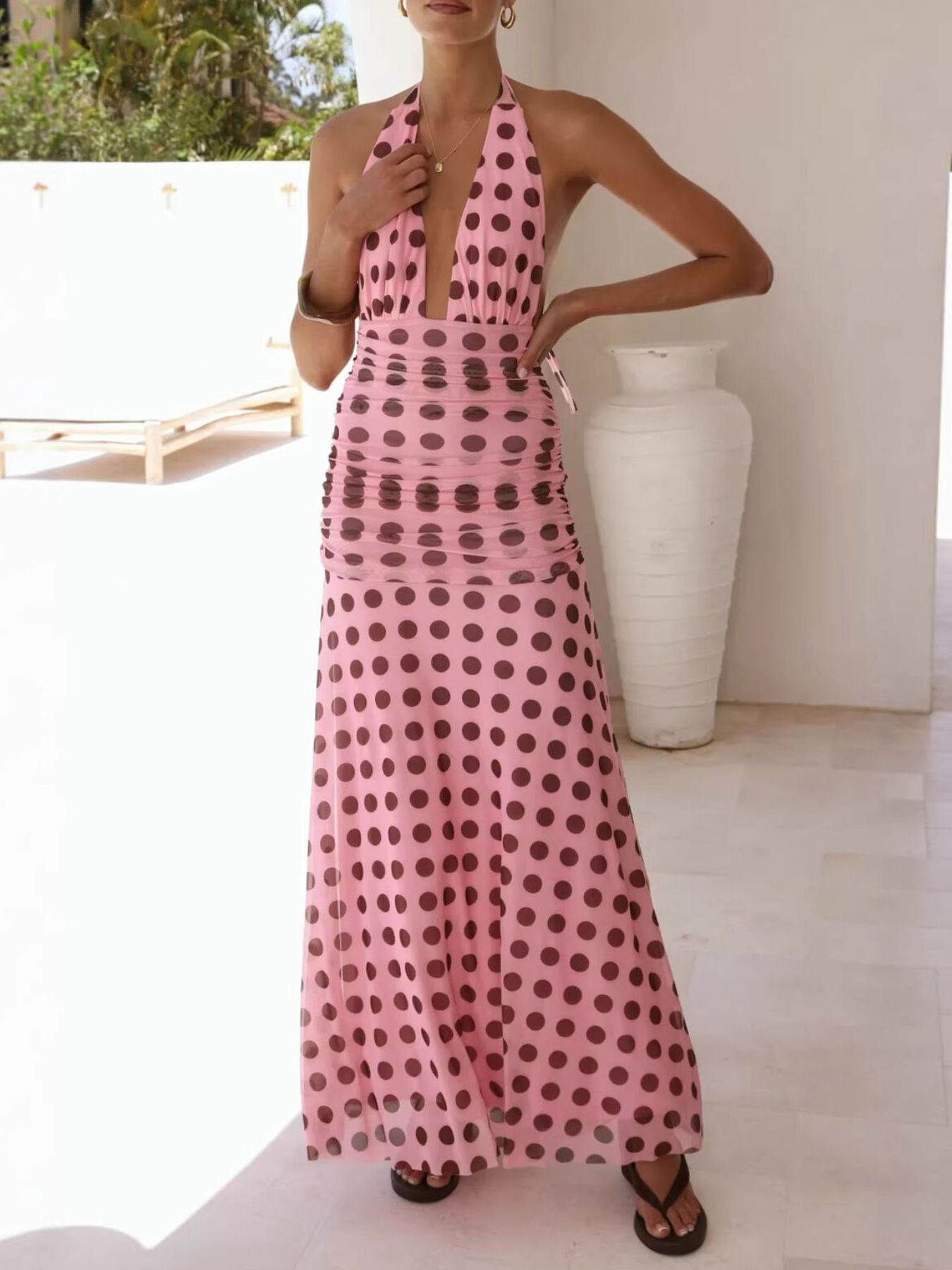 Polka Dot Halter Ruched Maxi Dress – view 8 | Lola Mariee