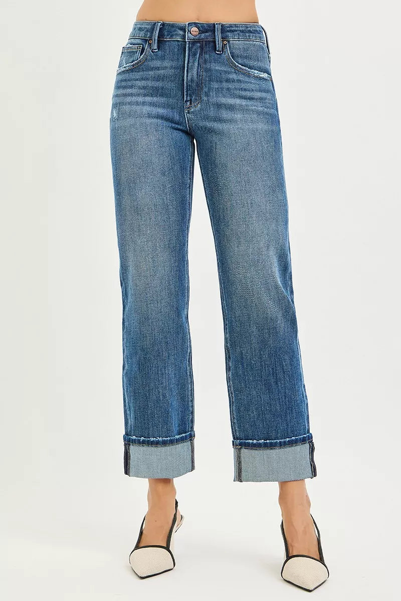 RISEN Full Size 4 Way Stretch Slouchy Straight Jeans with Cuffed Hem Plus Size - LOLA MARIEE | Lola Mariee
