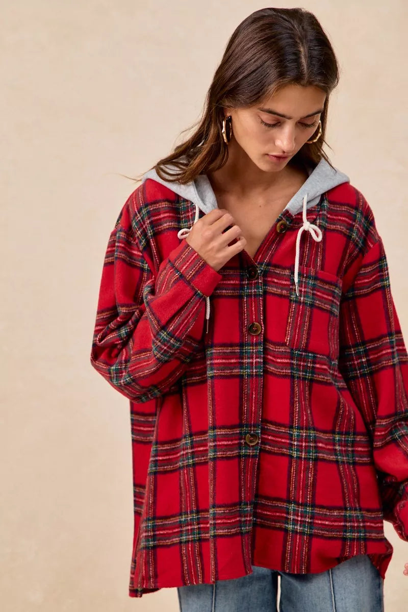 BiBi Brushed Plaid Hooded Jacket - Trendsi | Lola Mariee