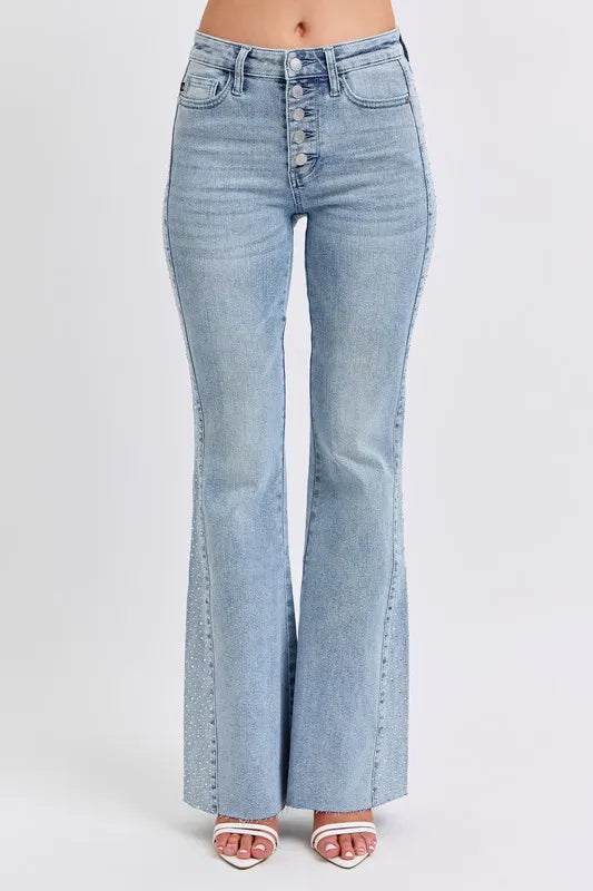 Judy Blue Full Size Mid Rise Rhinestone Side Panel Detail Flare Jeans Plus Size - women's bottoms at Lola Mariee boutique
