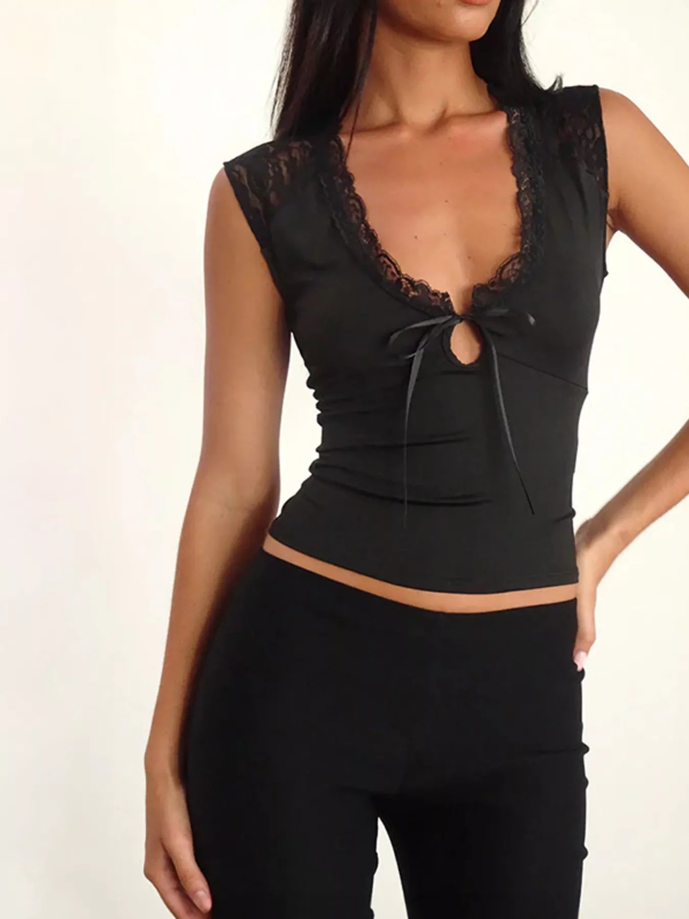 Lace Trim V-Neck Sleeveless Tank Top with Front Tie – view 5 | Lola Mariee