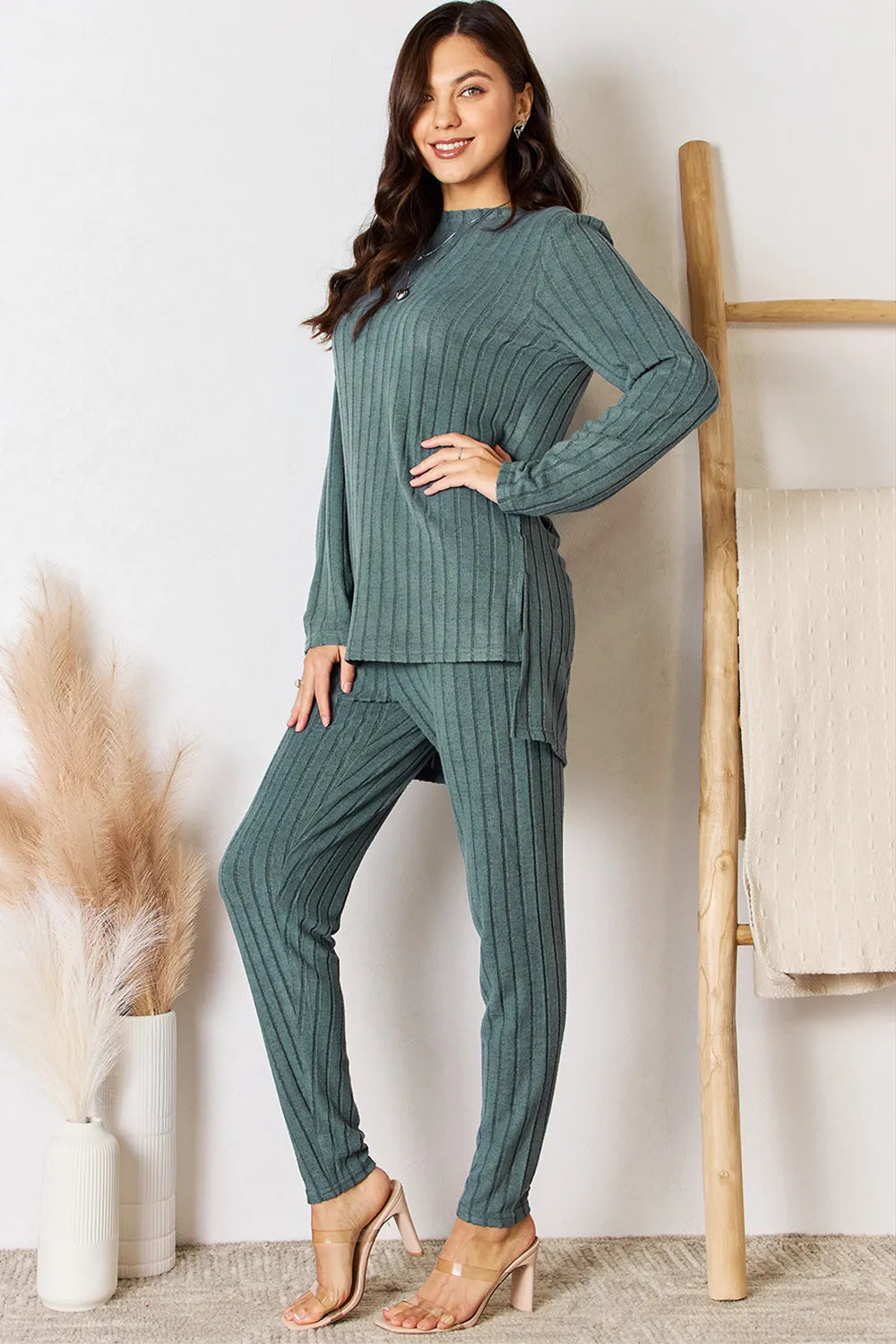 Basic Bae Full Size Ribbed Round Neck High-Low Slit Top and Pants Set – view 8 | Lola Mariee