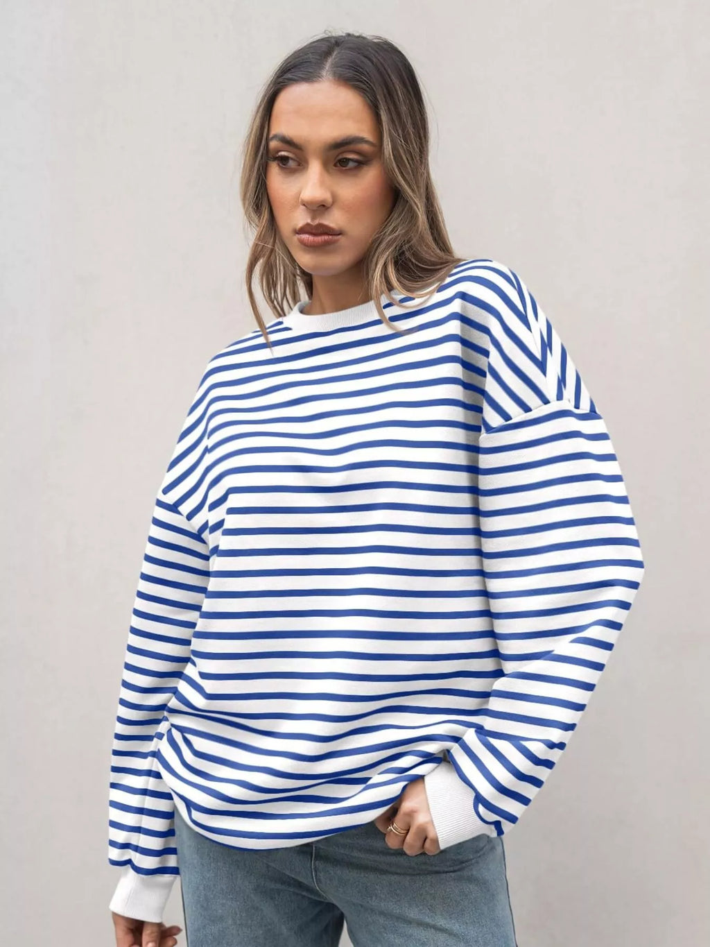 Striped Round Neck Oversized Casual Sweatshirt - Trendsi | Lola Mariee