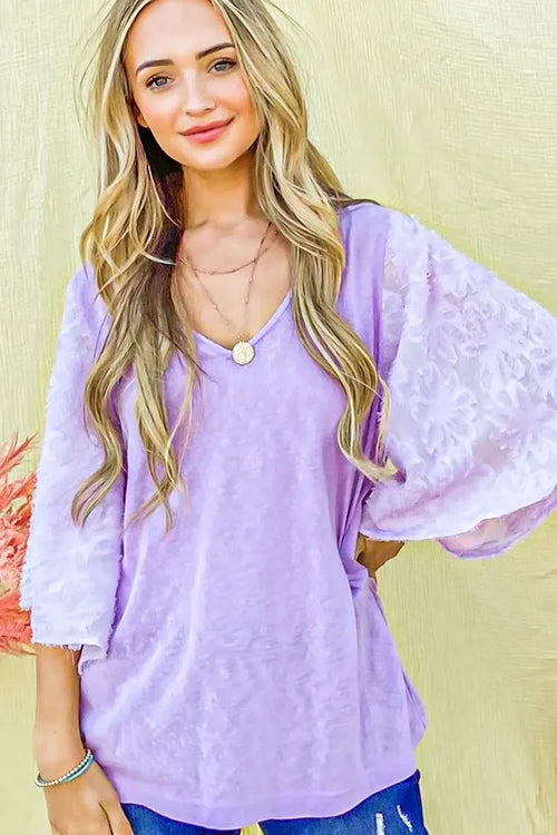 And The Why Feather Detailed 3/4 Sleeve Slub Top | Lola Mariee